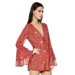 For Love and Lemons Red Pia Floral Long Sleeve Shorts Romper Women’s Size XS